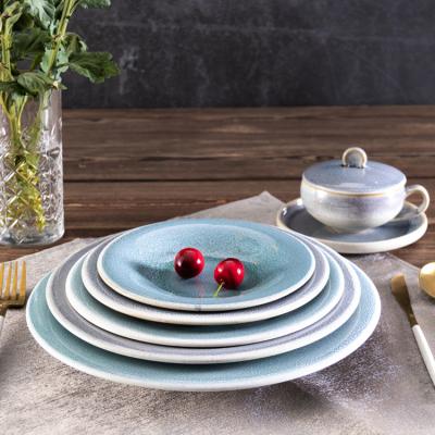 China Pure Sustainable P&T And Fresh Color New Custom Design Theme Blue Round Hotel Ceramic Plate for sale