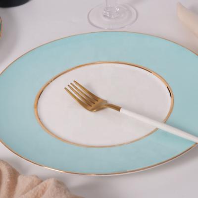 China Wholesale Modern Confirmed Punk Color Glazed Pursuit Dish Gold Rim Bone China Style Porcelain Dinnerware Serving Dish Set for sale